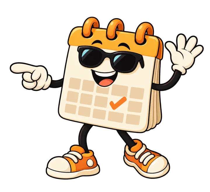 Avatar kalender TapQR berwarna oranye, memakai kacamata dan sepatu, mengajak menjadwalkan konsultasi.