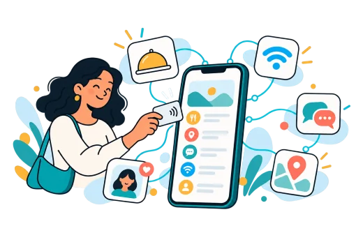 Ponsel yang menghubungkan pelanggan ke WiFi, pesan, menu, lokasi, dan media sosial