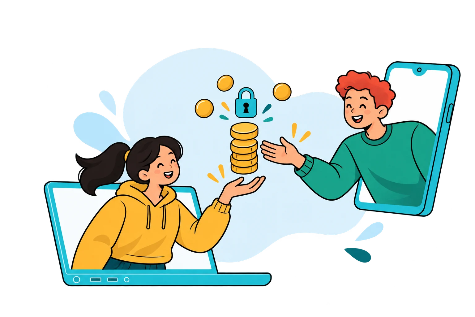 Ilustrasi pelanggan terhubung dengan bisnis melalui perangkat digital